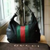 GUCCI BLACK LEATHER AND CANVAS HORSEBIT HOBO BAG รูปที่ 6