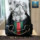 GUCCI BLACK LEATHER AND CANVAS HORSEBIT HOBO BAG รูปที่ 1