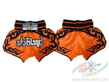 HeroSporto กางเกงมวย กางเกงต่วนส้ม  ลายสักหนังดำ เข้ม สไตล์ไทย กางเกงกีฬา ผ้าซาติน คุณภาพดี รูปที่ 1