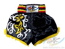 HeroSporto กางเกงมวย กางเกงต่วนดำ ลายดอกไม้ เพิ่มความเก๋ด้วยพู่เหลืองปลายขา กางเกงกีฬา ผ้าซาติน คุณภาพดี รูปที่ 2