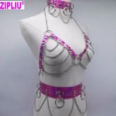 Sexy Harajuku Handmade Rose Laser holographic Choker harness punk Collar belt Necklace Bra Spikes Chain torques club party รูปที่ 3