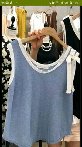 อื่นๆ เสื้อเชิ้ตและเสื้อผู้หญิง ไม่มีแขน ส่งต่อเสื้อยืดเกาหลี สีฟ้า ผูกโบว์ช่วงบ่า