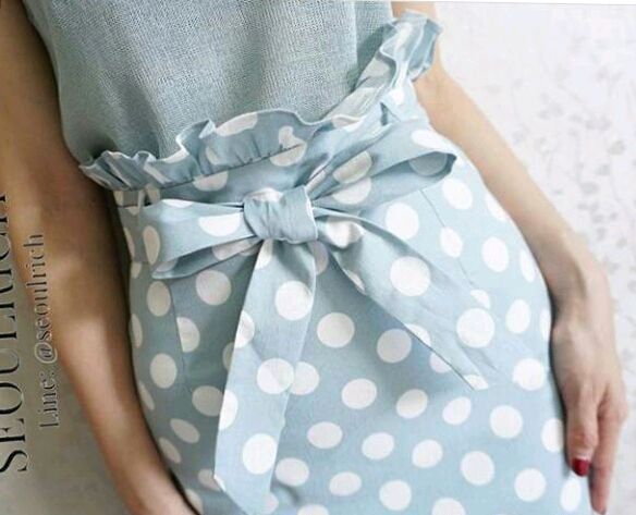 อื่นๆ S ส่งต่อกระโปรงเกาหลี สีฟ้าจุดขาว ผ้าลินินผสมคอตตอน