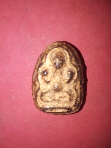 พระปิดตา สองหน้า หลวงพ่อแย้ม วัดด่านสำโรง จ.สมุทรปราการ เนื้อผงคลุกรัก ผิวแห้ง เหี่ยว ผิวพรรณเดิมๆ ที่สำคัญเป็นเนื้อออกกะลาสีน้ำตาล ซึ่งเนื้