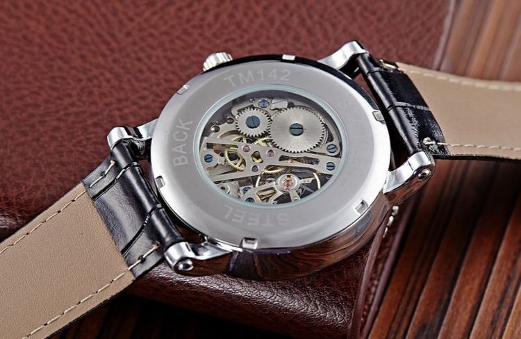 นาฬิกาโชว์กลไก Winner นาฬิกาข้อมือเปลือย นาฬิกาข้อมือผู้ชาย ไม่ต้องใส่ถ่าน สายหนังแท้ สีดำ  รุ่นปิดแกนกลาง ของขวัญสุดหรู 301459 รูปที่ 6