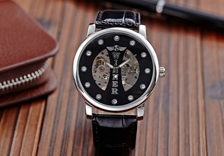 นาฬิกาโชว์กลไก Winner นาฬิกาข้อมือเปลือย นาฬิกาข้อมือผู้ชาย ไม่ต้องใส่ถ่าน สายหนังแท้ สีดำ  รุ่นปิดแกนกลาง ของขวัญสุดหรู 301459 รูปที่ 2