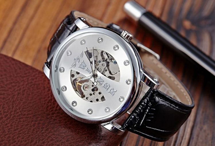 นาฬิกาโชว์กลไก Winner นาฬิกาข้อมือเปลือย นาฬิกาข้อมือผู้ชาย ไม่ต้องใส่ถ่าน สายหนังแท้ สีดำ  รุ่นปิดแกนกลาง ของขวัญสุดหรู 301459 รูปที่ 7