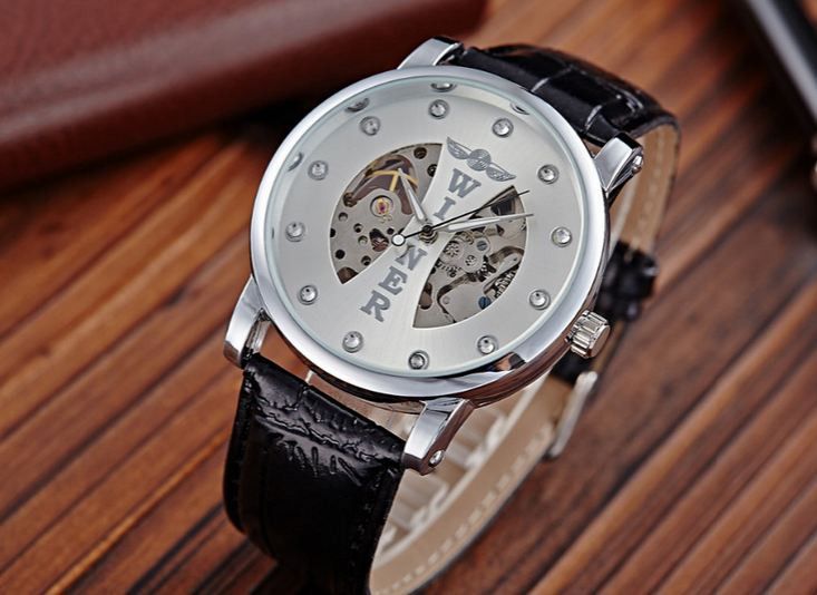 นาฬิกาโชว์กลไก Winner นาฬิกาข้อมือเปลือย นาฬิกาข้อมือผู้ชาย ไม่ต้องใส่ถ่าน สายหนังแท้ สีดำ  รุ่นปิดแกนกลาง ของขวัญสุดหรู 301459 รูปที่ 8
