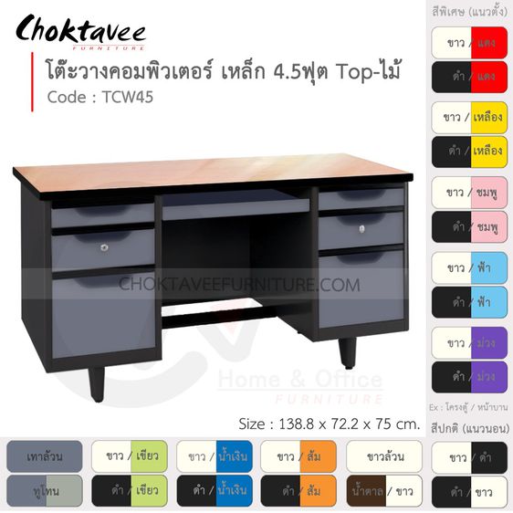 โต๊ะคอม โต๊ะคอมเหล็ก หน้าไม้ 4.5ฟุต รุ่น TCW45-Black (โครงสีดำ) รูปที่ 3
