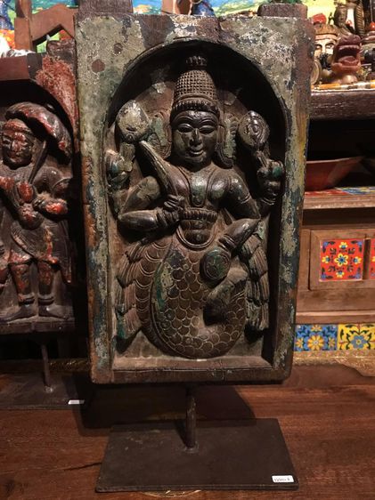 แผ่นไม้แกะสลักลายพระวิษณุปางมัสยาวตาร Matsya Avatar of Lord Vishnu wooden panel รูปที่ 1