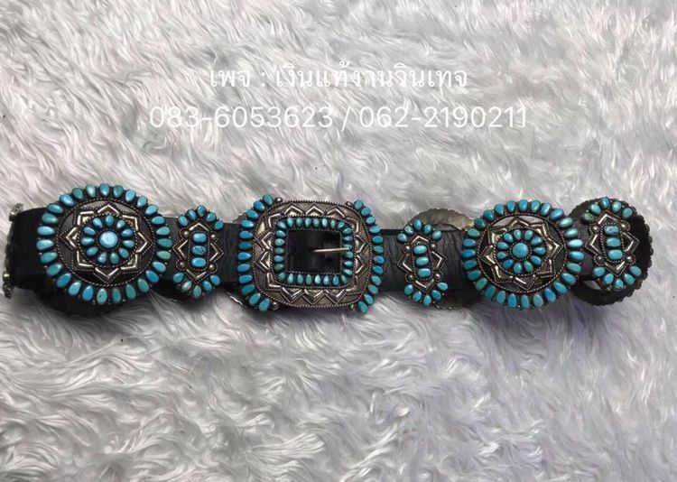 Vintage Navajo Needle Point Blue Turquoise and Sterling Silver Concho Belt Set 🇺🇸  รูปที่ 11