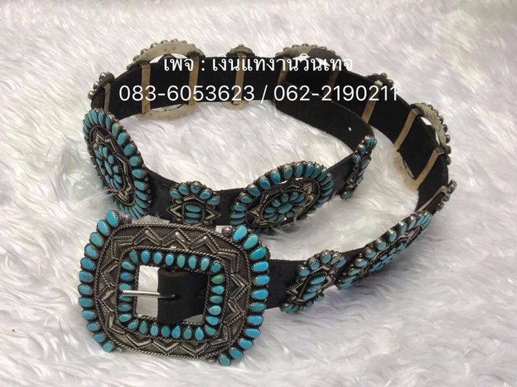 Vintage Navajo Needle Point Blue Turquoise and Sterling Silver Concho Belt Set 🇺🇸  รูปที่ 4