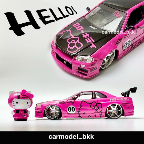 โมเดลรถเหล็ก Hello Kitty Nissan Skyline GT-R R34 แบรนด์ Jada ขนาด 1 ต่อ 24 โมเดลรถนิสสัน สกายไลน์ พร้อมฟิกเกอร์ คิดตี้ Diecast CarModelBKK รูปที่ 1