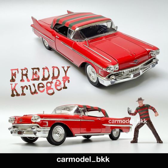 โมเดลรถเหล็ก Cadillac ปี 1958 Red พร้อมตัวโมเดล Freddy Krueger แบรนด์ Jada ขนาด 1 ต่อ 24 โมเดลรถจากภาพยนคร์ Diecast CarModelBKK รูปที่ 1