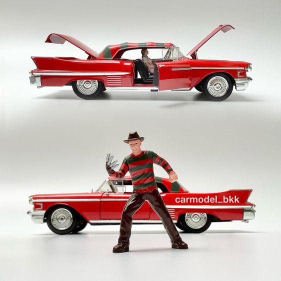 โมเดลรถเหล็ก Cadillac ปี 1958 Red พร้อมตัวโมเดล Freddy Krueger แบรนด์ Jada ขนาด 1 ต่อ 24 โมเดลรถจากภาพยนคร์ Diecast CarModelBKK รูปที่ 3