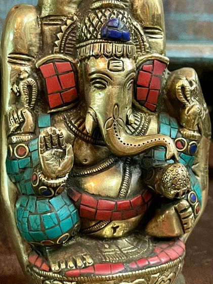 พระพิฆเนศทองเหลืองหินสี Multi color Ganesh brass statue รูปที่ 5