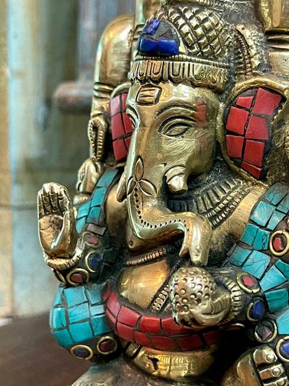 พระพิฆเนศทองเหลืองหินสี Multi color Ganesh brass statue รูปที่ 6