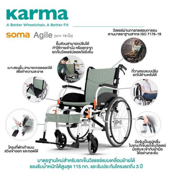 Soma รถเข็น อลูมิเนียม วีลแชร์ขนาดเล็ก น้ำหนักเบา รุ่น Agile Light Aluminum Wheelchair รูปที่ 5