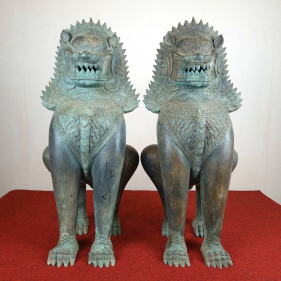 👍 เทวรูป รูปปั้น สิงห์ คู่ สิงโต จีน ปี่เซี้ย สัตว์มงคล โลหะ เก่า โบราณ สูง 23.5 นิ้ว 
