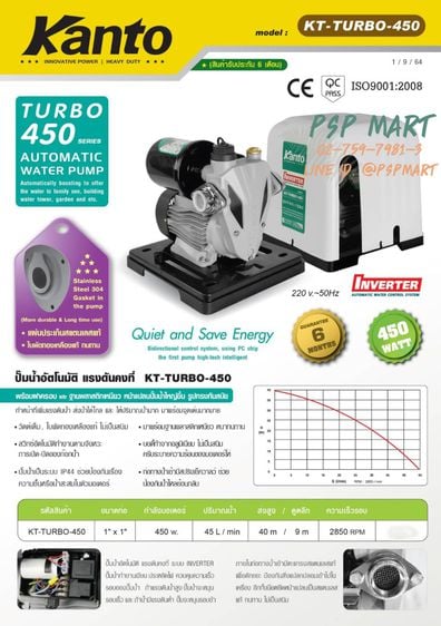 ปั้มน้ำอัตโนมัติแรงดันคงที่ INVERTER รุ่น KT-TURBO-450
