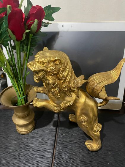 สิงห์ทองเหลือง ชุบทอง เกาะแจกัน งานเก่า  รูปที่ 3