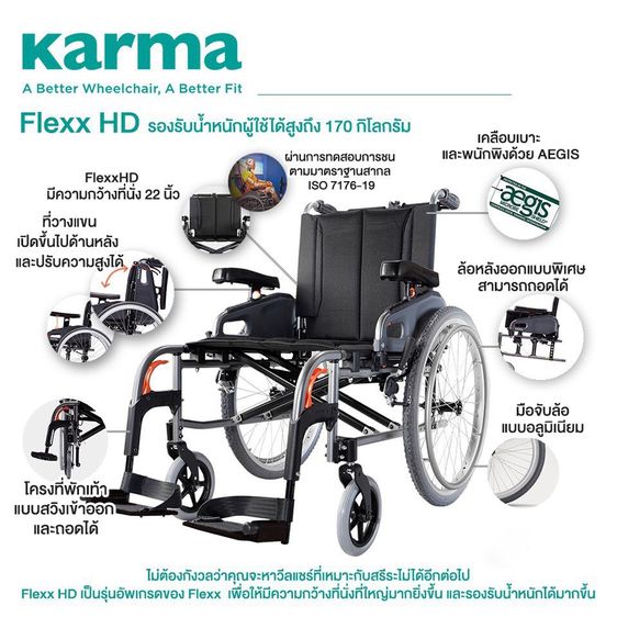 Karma รถเข็น อลูมิเนียม รุ่น Flexx HD เบาะกว้างพิเศษ 22 นิ้ว รับน้ำหนัก 170 KG Aluminum Wheelchair With Extra Wide Seat รูปที่ 1