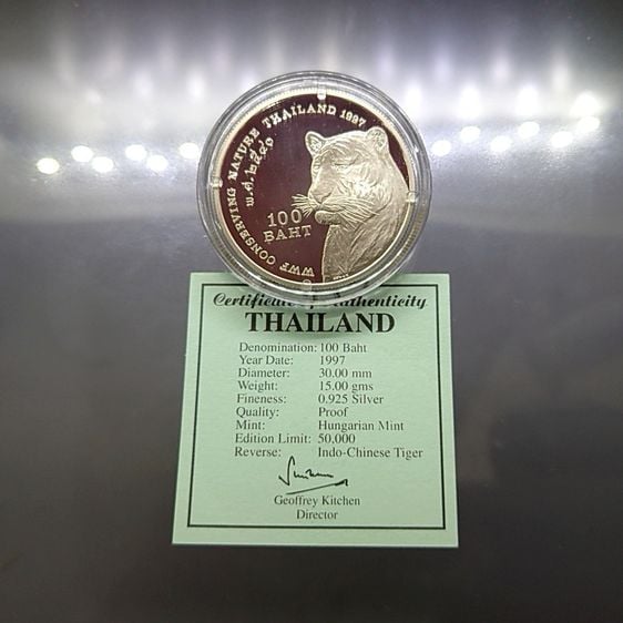 เหรียญไทย เหรียญ 100 บาท เสือเศร้า(ส่งเสริมการอนุรักษ์ธรรมชาติและสัตว์ป่า) เงินขัดเงา แบบบาง พร้อมใบเซอร์ 2540