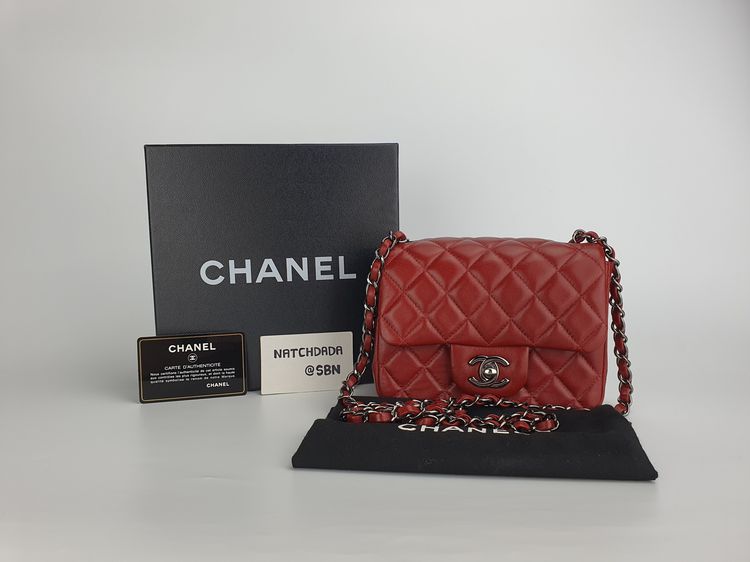USED CHANEL MINI 7" SQUARE RED BURGUNDY LAMBSKIN SHINY RHW รูปที่ 1