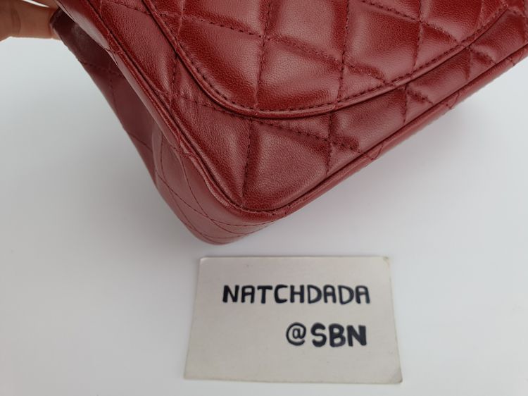 USED CHANEL MINI 7" SQUARE RED BURGUNDY LAMBSKIN SHINY RHW รูปที่ 11