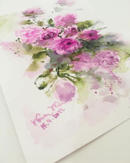 ภาพดอกกุหลาบสีชมพู ภาพวาดสีน้ำไม่รวมกรอบ ขนาด 14.8 x 21 ซม. ww ของขวัญแทนใจให้คนพิเศษ ของขวัญ ภาพวาด AAA501 รูปที่ 3