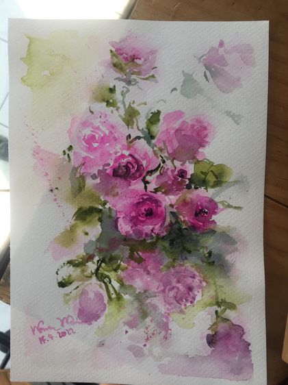 ภาพดอกกุหลาบสีชมพู ภาพวาดสีน้ำไม่รวมกรอบ ขนาด 14.8 x 21 ซม. ww ของขวัญแทนใจให้คนพิเศษ ของขวัญ ภาพวาด AAA501 รูปที่ 10
