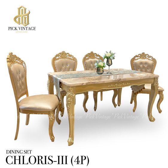 CHLORIS-III DINING SET (4P-150CM.) CHAMPANGE GOLD  ชุดโต๊ะอาหารท็อปหิน สไตล์หลุยส์ สีทองเชมเปญ 4ที่นั่ง 150ซม รุ่น คลอริส-3