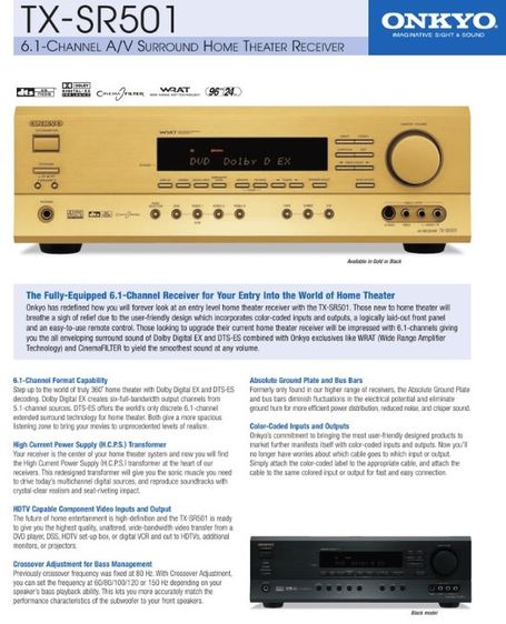 Onkyo TX-SR501 6.1Ch Receiver with Dolby Digital EX DTS-ES, Pro Logic IIซิงค์ทองหายากระบบเสียง360องศา นำเข้าJapanแท้ๆเสียงเทพครบทุกอรรถรส รูปที่ 1