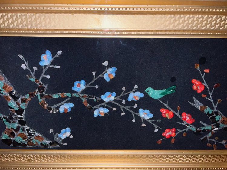 ภาพนกเกาะต้นดอกเหมย ซากุระ ประดับด้วยหินมงคลต่างๆ ในกรอบไม้ติดกระจก  รูปที่ 3