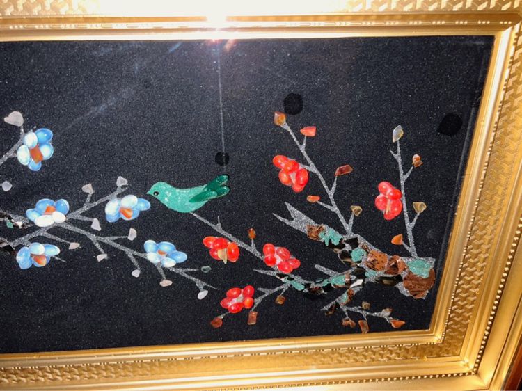 ภาพนกเกาะต้นดอกเหมย ซากุระ ประดับด้วยหินมงคลต่างๆ ในกรอบไม้ติดกระจก  รูปที่ 5