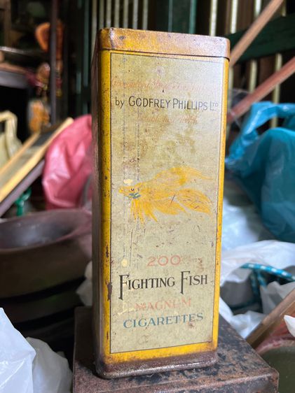 กล่องบุหรี่สังกะสีตราปลากัดโบราณ รูปที่ 2