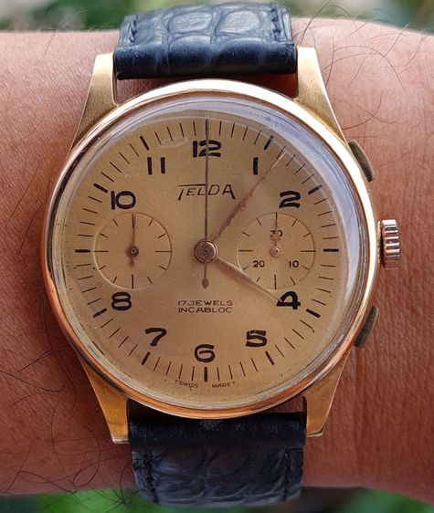 นาฬิกาวินเทจสวิสจับเวลา 2วง ยี่ห้อ TELDA ทำคำแท้ 18K 750 สวยๆ รูปที่ 3