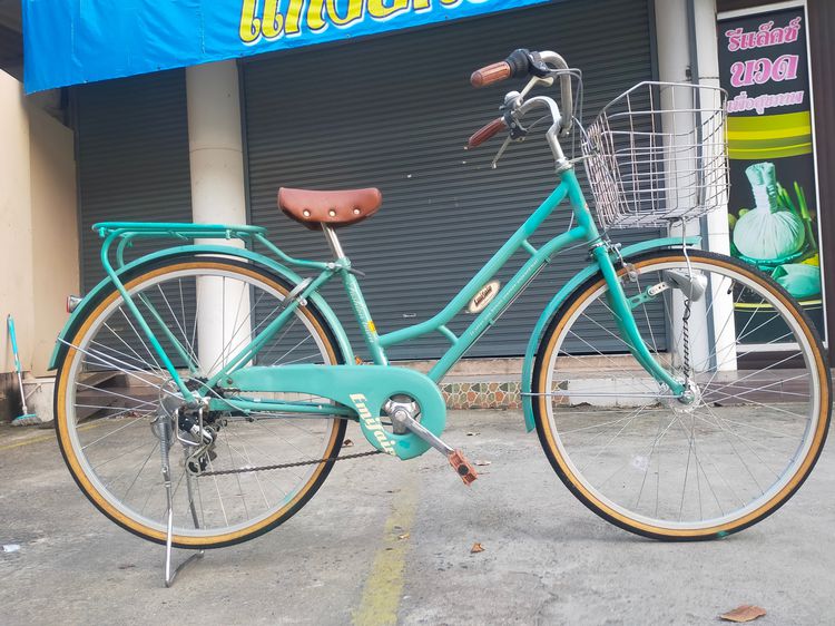จักรยานแม่บ้าน ญี่ปุ่น คุณภาพดี ทรงวินเทจ เฟรมเหล็ก Hiten สีเขียวมี้นท์ เกียร์ชิมาโน 6 สปีด ตะกร้าหน้าสแตนเลสอย่างดี ไฟดุมหน้าแบบออโต้อย่างด รูปที่ 6