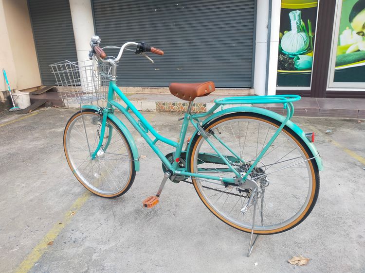 จักรยานแม่บ้าน ญี่ปุ่น คุณภาพดี ทรงวินเทจ เฟรมเหล็ก Hiten สีเขียวมี้นท์ เกียร์ชิมาโน 6 สปีด ตะกร้าหน้าสแตนเลสอย่างดี ไฟดุมหน้าแบบออโต้อย่างด รูปที่ 4
