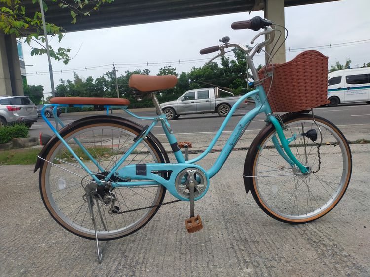 จักรยานแม่บ้าน ญี่ปุ่น คุณภาพดี ทรงวินเทจ เฟรมเหล็ก Hiten สีฟ้า เกียร์ชิมาโน 6 สปีด ตะกร้าหน้า+เบาะหลัง-อาน+บันใดสีน้ำตาล ไฟดุมหน้าแบบออโต้อ รูปที่ 2