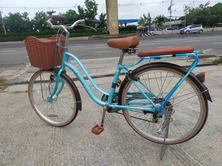 จักรยานแม่บ้าน ญี่ปุ่น คุณภาพดี ทรงวินเทจ เฟรมเหล็ก Hiten สีฟ้า เกียร์ชิมาโน 6 สปีด ตะกร้าหน้า+เบาะหลัง-อาน+บันใดสีน้ำตาล ไฟดุมหน้าแบบออโต้อ รูปที่ 5