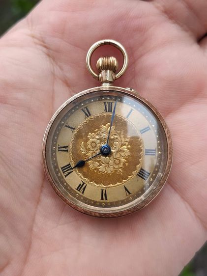 นาฬิกาพกโบราณ Art Deco pocket watch 9k Solid Gold เรือนวินเทจเกือบ100ปี หน้าปัดลายดอกไม้ หลักโรมัน เข็มบลูสติล ตัวเรือนทองคำแท้9k