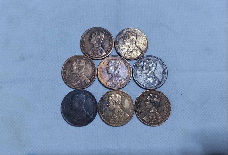 เหรียญกษาปณ์ ทองแดง ชนิดเสี้ยว พระบรมรูป-พระสยามเทวาธิราช เซต 8 เหรียญ ผ่านการใช้ทุกเหรียญ