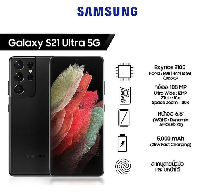 256 GB (ลดราคา)Samsung S21 Ultra 5G สี Phantom Black RAM 12 ROM256 เครื่องไทย สภาพสวย