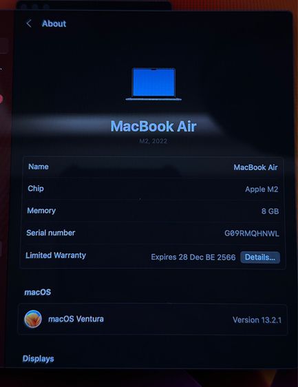 Apple แมค โอเอส 8 กิกะไบต์ USB ใช่ Macbook Air M2 2022