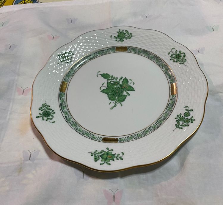 จาน Handpainted HEREND Hungary Chinese Bouquet Apponyi Green  รูปที่ 5