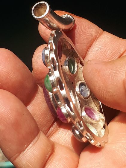 จี้ทับทิม กินบ่เซี้ยง รอบพลอยนพเก้า จำนวน 1+9 เม็ด ทับทิม พลอย, เงินแท้ มีน้ำหนัก งานศิลปะ Hand Made โบราณ เก่า สวย แปลก แท้ หายาก ทับทิมกิ รูปที่ 3