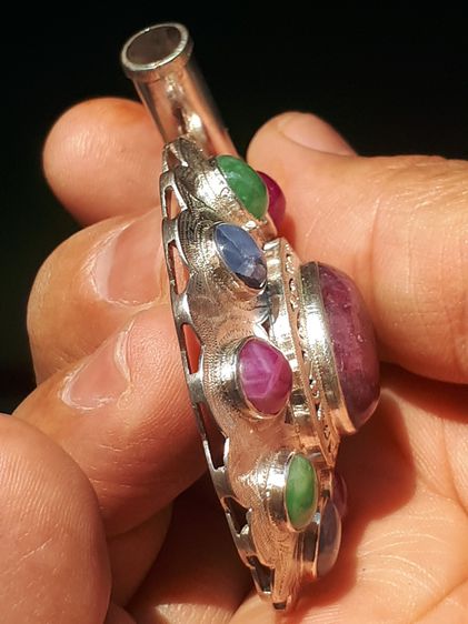 จี้ทับทิม กินบ่เซี้ยง รอบพลอยนพเก้า จำนวน 1+9 เม็ด ทับทิม พลอย, เงินแท้ มีน้ำหนัก งานศิลปะ Hand Made โบราณ เก่า สวย แปลก แท้ หายาก ทับทิมกิ รูปที่ 4