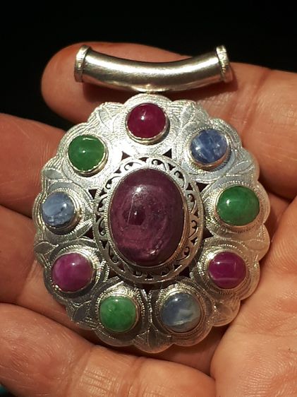 จี้ทับทิม กินบ่เซี้ยง รอบพลอยนพเก้า จำนวน 1+9 เม็ด ทับทิม พลอย, เงินแท้ มีน้ำหนัก งานศิลปะ Hand Made โบราณ เก่า สวย แปลก แท้ หายาก ทับทิมกิ รูปที่ 8