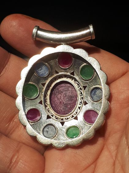 จี้ทับทิม กินบ่เซี้ยง รอบพลอยนพเก้า จำนวน 1+9 เม็ด ทับทิม พลอย, เงินแท้ มีน้ำหนัก งานศิลปะ Hand Made โบราณ เก่า สวย แปลก แท้ หายาก ทับทิมกิ รูปที่ 2